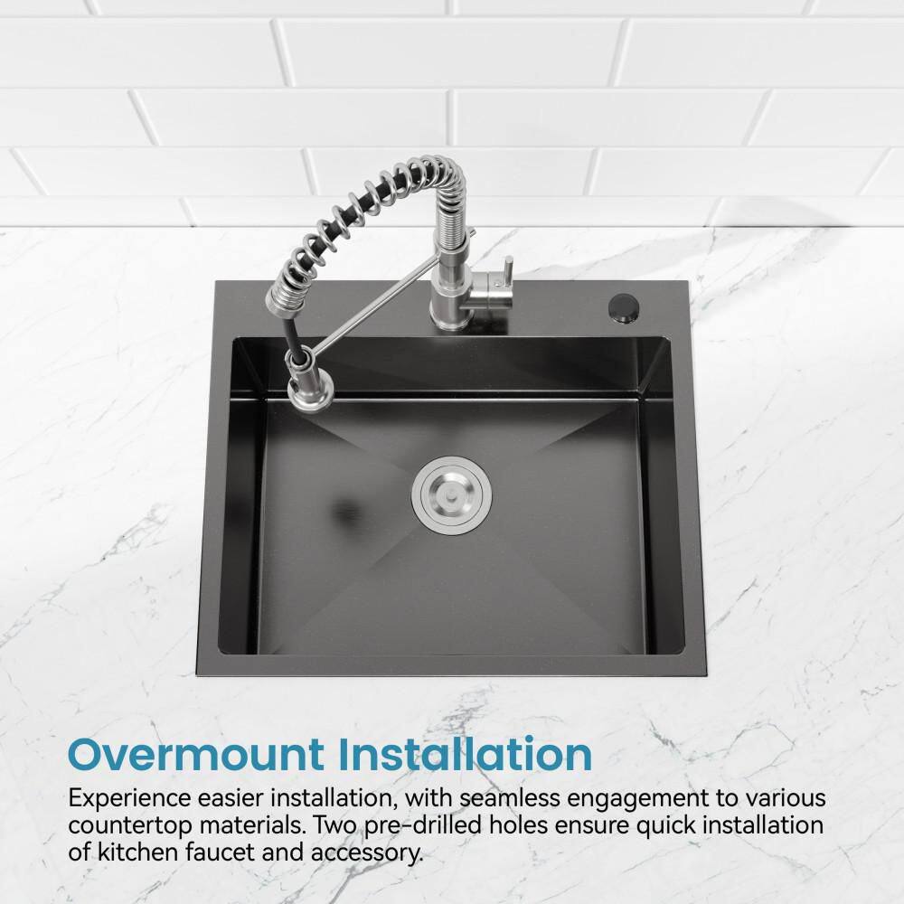 23 in. Drop-In Overmount Handmade Single Bowl Black Stainless Steel Kitchen Sink with Drain - Hercitys