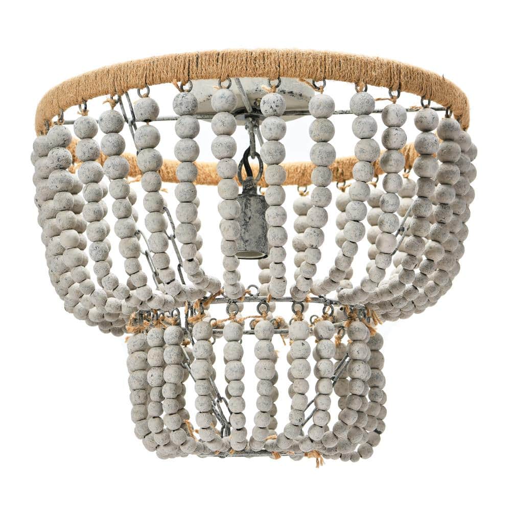1-Light Distressed Grey 2-Tier Draped Chandelier with Wood Bead Shade - Hercitys