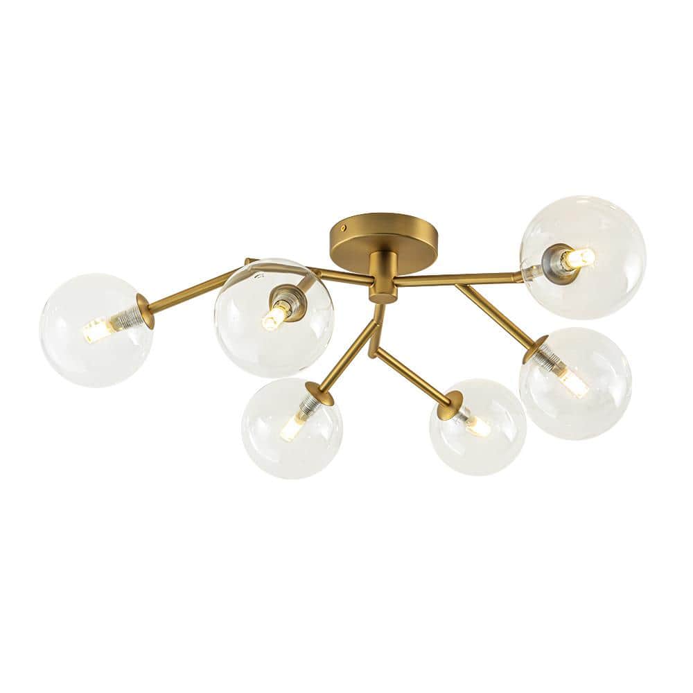 28.74 in. 6-Light Brushed Gold Mid-Century Modern Branch Bubble Globe Semi-Flush Mount Chandelier with Clear Glass Shade - Hercitys