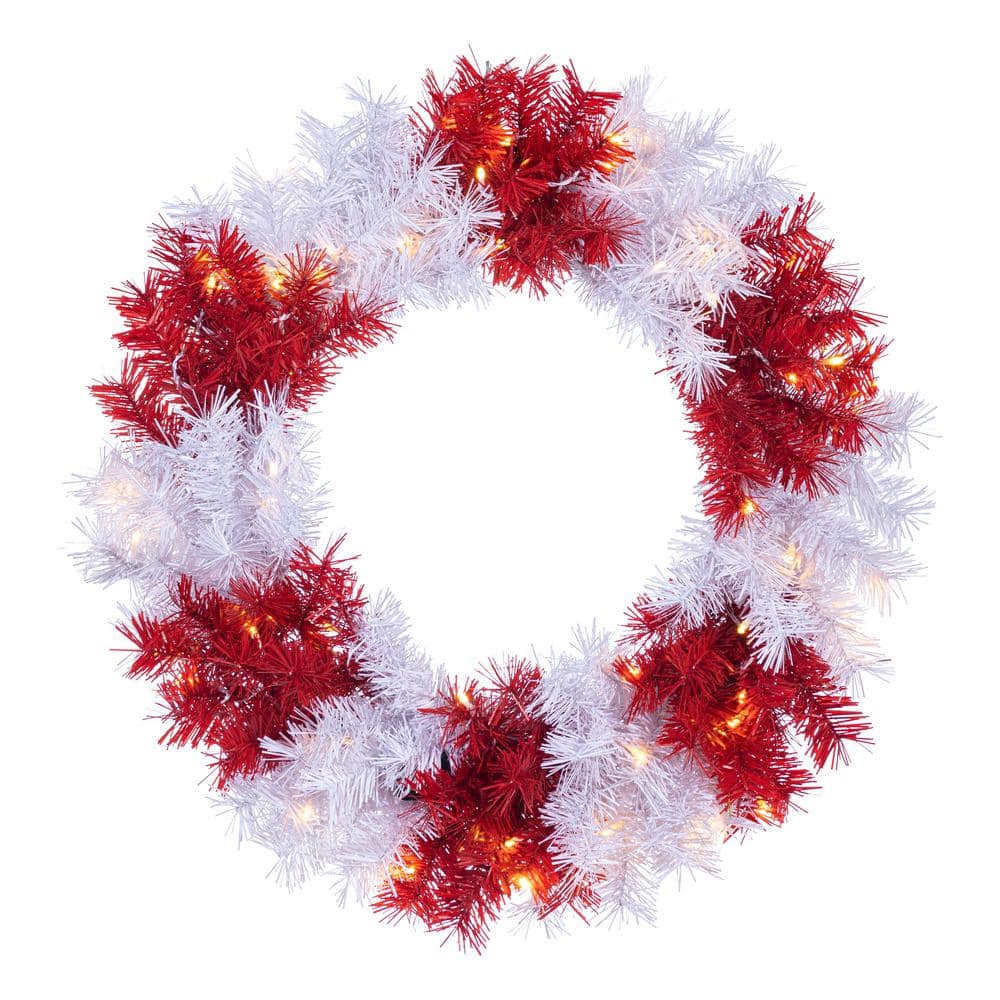24 in. Dia Pre-lit Red and White Artificial Christmas Wreath with 50 Battery Operated LED Lights - Hercitys