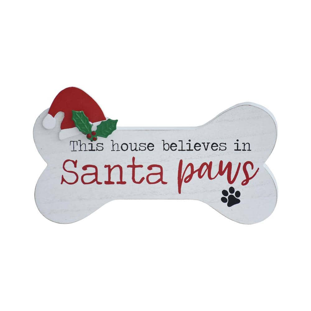 5.25 in. Wood This House Believes in Santa Paws Dog Bone Shaped Christmas Tabletop Sign - Hercitys