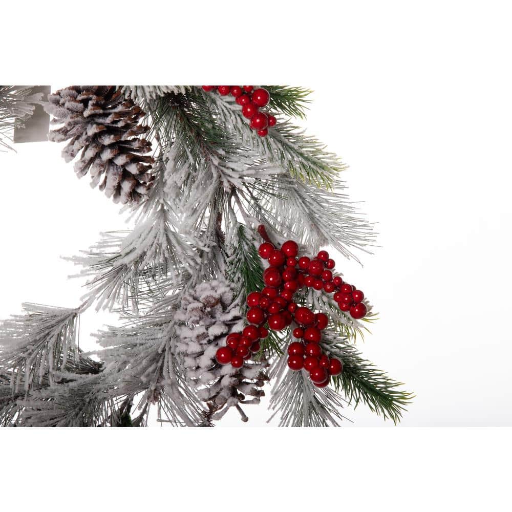 24 inch Unlit Christmas Garland Flocked Pine Berry and Pinecone Wreath - Hercitys