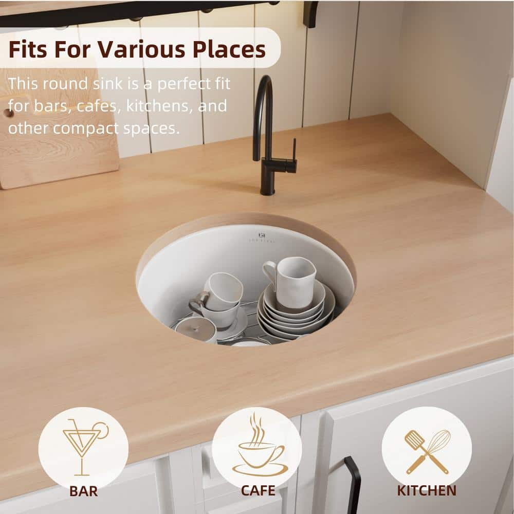 18 in. White Kitchen Sink Undermount, Compact Round Single Bowl Fireclay Basin, Includes Grid and Drain Strainer - Hercitys