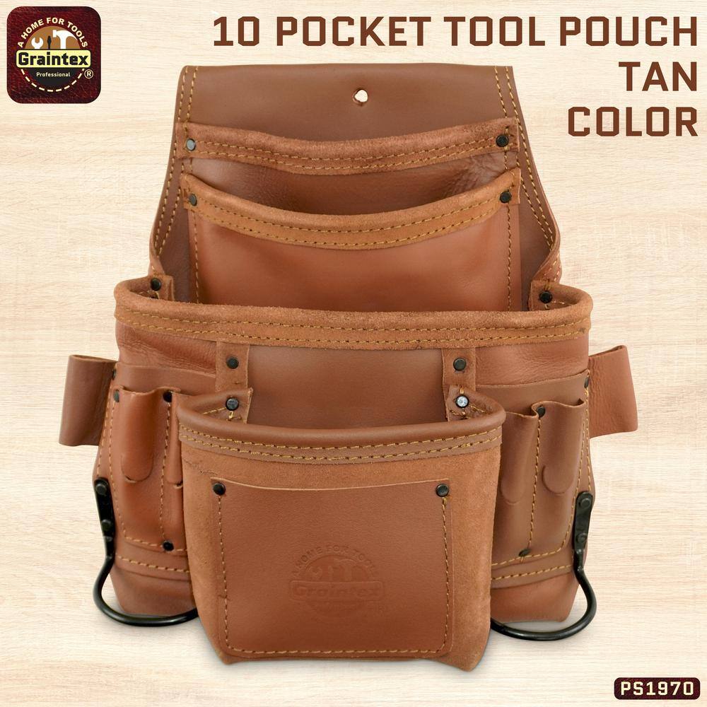 10-Pocket Nail and Tool Pouch Tan Color Industrial Grade Leather w/2 Hammer Holders - Hercitys