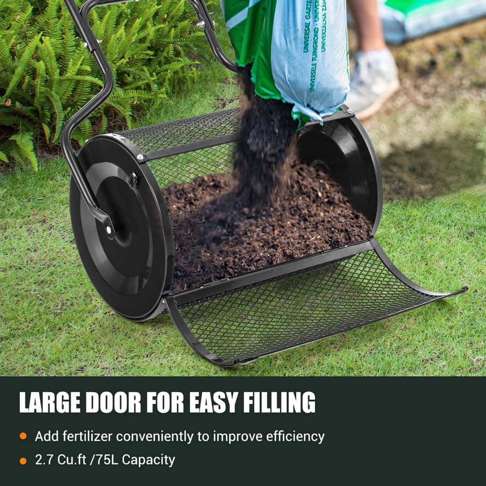 2.7 cu. ft. Metal Peat Moss Handheld Spreader Compost Spreader with Upgrade Side Latches and U-Shape Handle Black - Hercitys