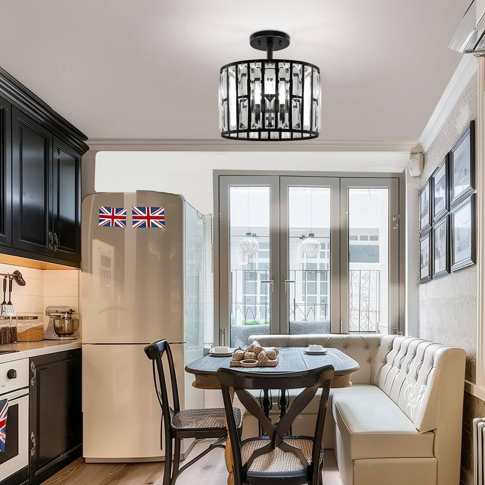 12.4 in. 3-Light Matte Black Semi-Flush Mount Ceiling Light with Crystal Accents, E12 Base, No Bulbs Included - Hercitys