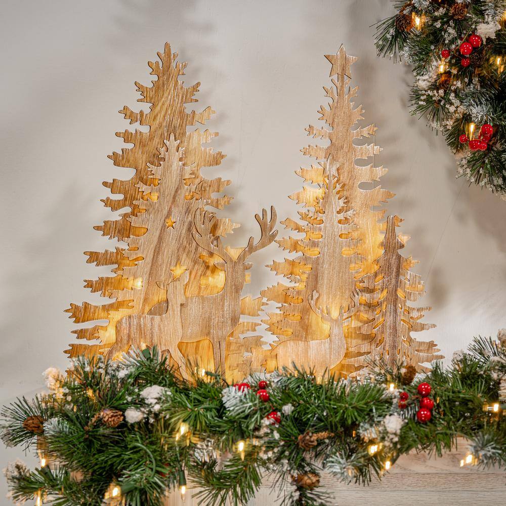 17.25 in. B/O Lighted Laser Cut Trees and Reindeer Tabletop Decor (Set of 2) - Hercitys