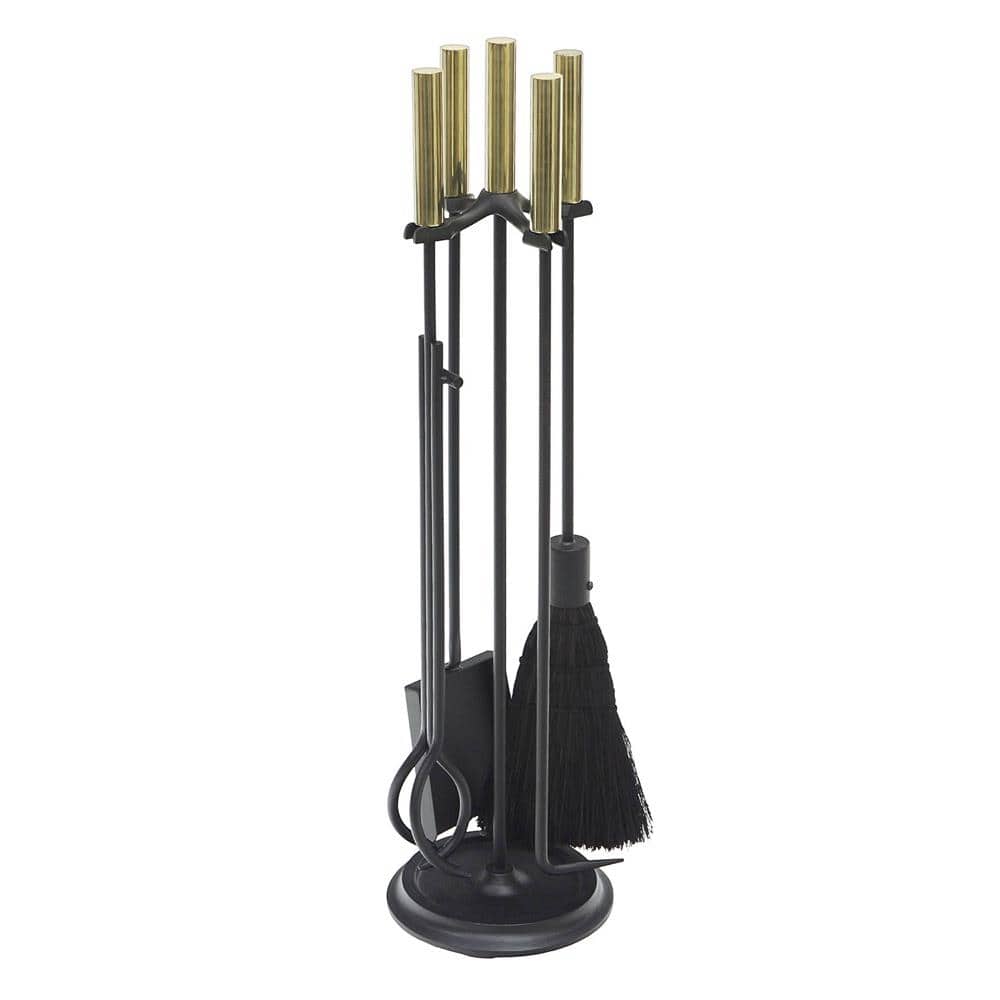 30.25 in. Tall 5-Piece Black and Polished Brass Contemporary Bedford Fireplace Tool Set - Hercitys