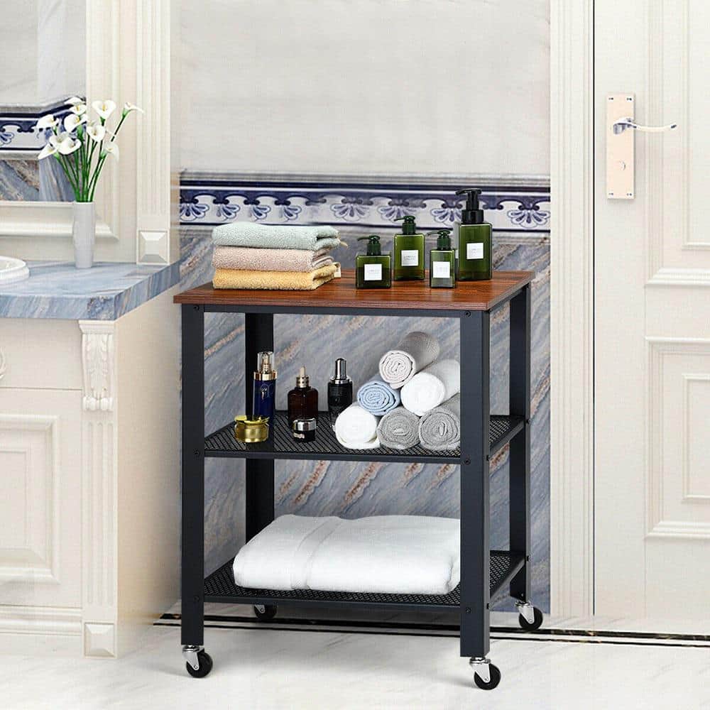 24in Industrial Serving Cart 3-Tier Kitchen Utility Cart on Wheels w/Storage Black - Hercitys