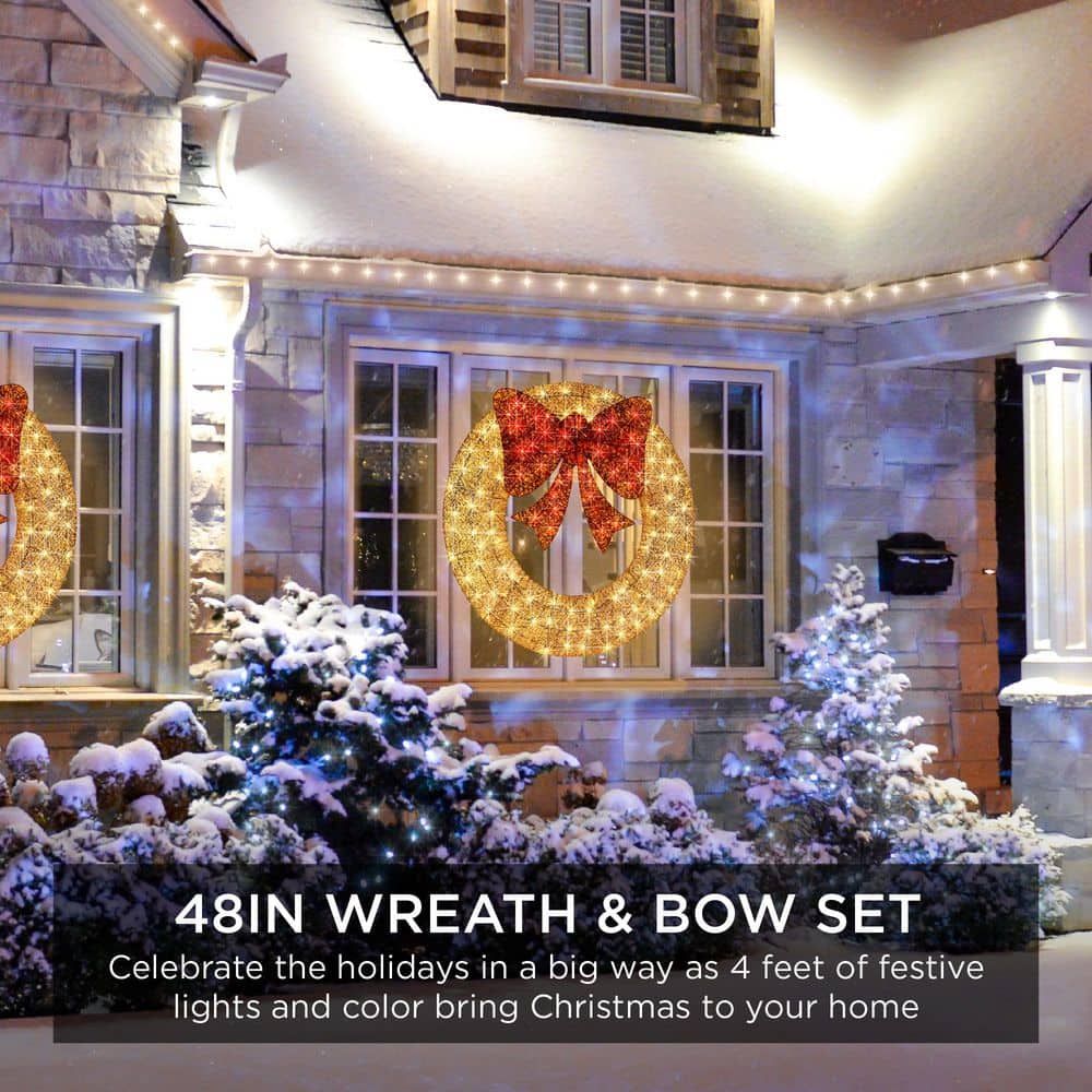 48 in. Gold Pre-Lit LED Outdoor Artificial Christmas Wreath with140-Lights and Red Bow - Hercitys