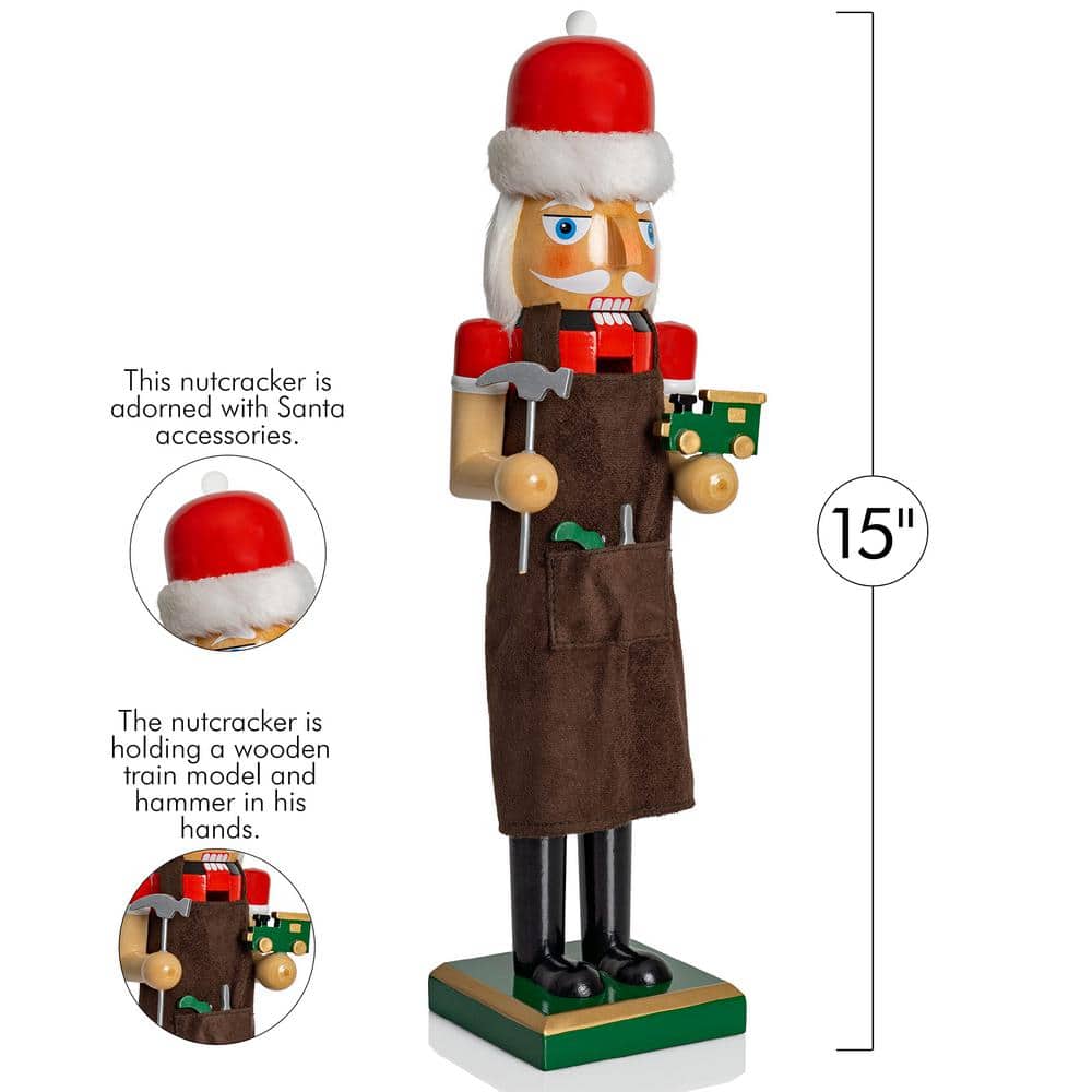 15 in. Wooden Christmas Toy Maker Nutcracker-Red and Green Wood Nutcracker with Brown Apron, Toy Car and Hammer-Holiday - Hercitys