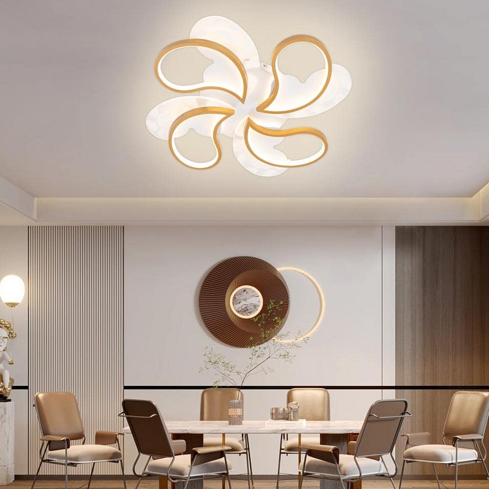 19.68 in. 1-Light Gold and White Modern Petal-Shaped Dimmable Selectable LED Semi-Flush Mount Ceiling Light with Remote - Hercitys