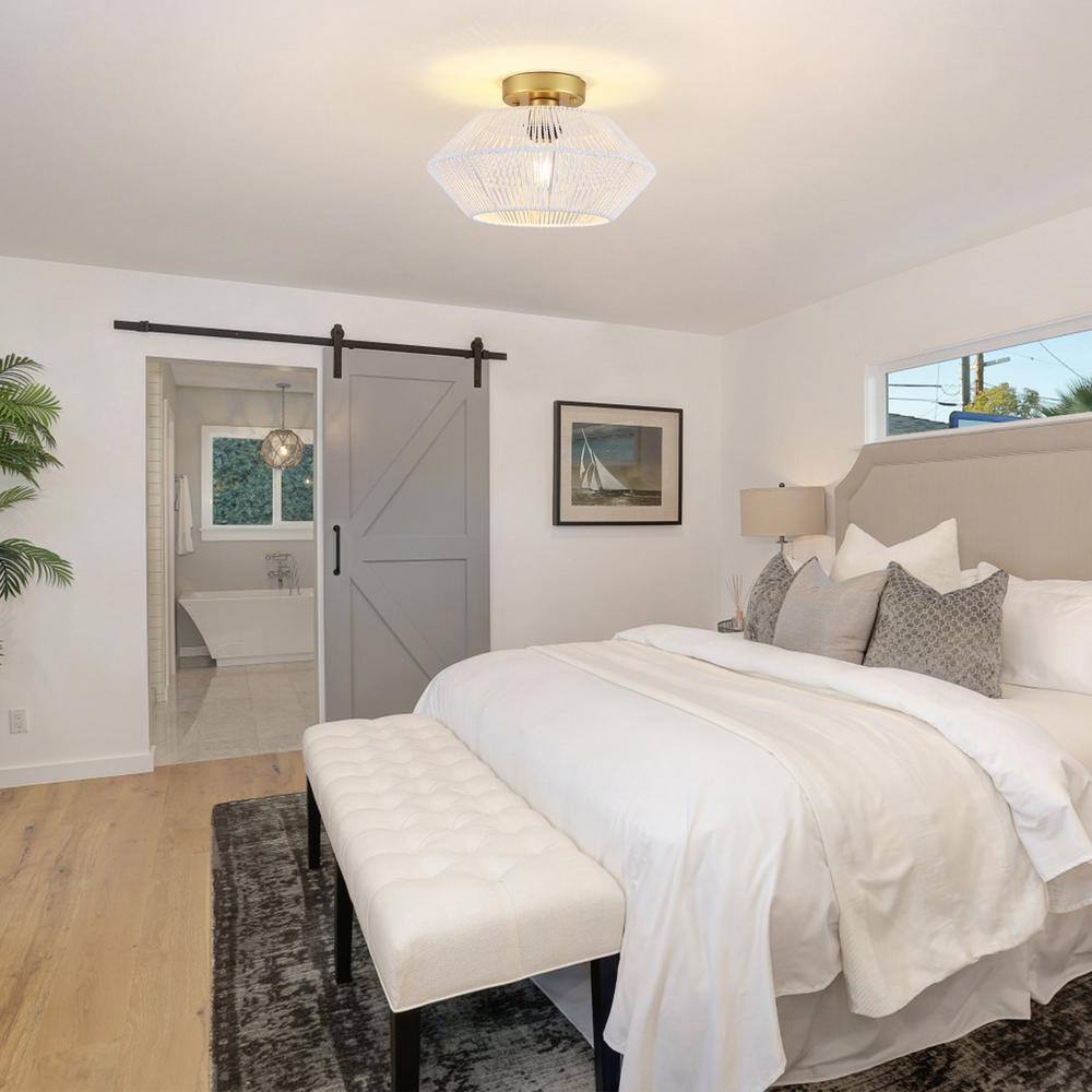 12.59 in. 1-Light Gold and White Metal Semi-Flush Mount Light with Imitation Hemp Rope Shade and No Bulbs Included - Hercitys