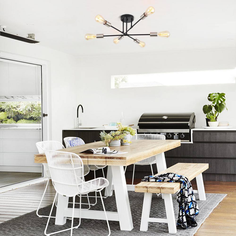 20.66 in. 6-Light Black and Nickel Sputnik Modern Semi-Flush Mount Ceiling Light - Hercitys