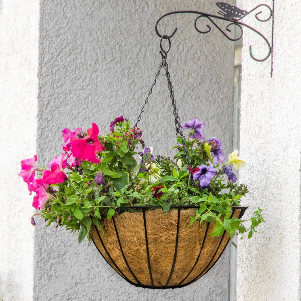 14 in. Dia Black Metal Growers Hanging Basket with Coco Liner - Hercitys