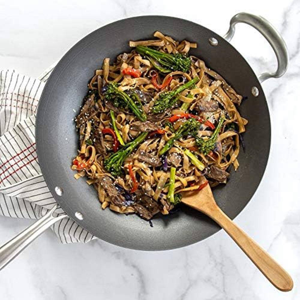 14 in. Aluminized Steel with Nonstick Coating Spun Wok with Stainless Steel Handles Compatible with Induction Stoves - Hercitys