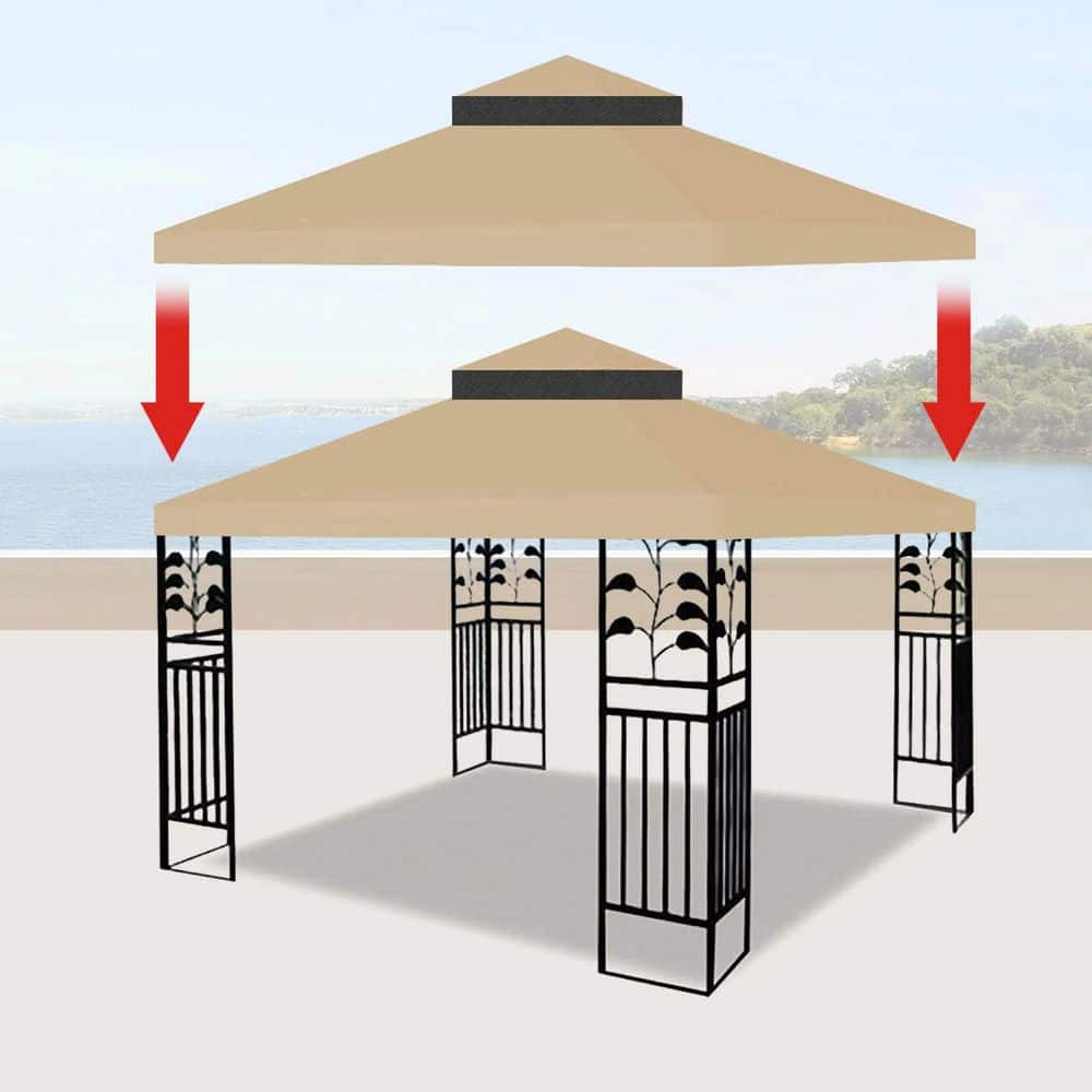 10 ft. x 10 ft. Gazebo Replacement Canopy Top Cover with Double-Tier Roof, Drainage Holes and Mosquito Net, Khaki - Hercitys