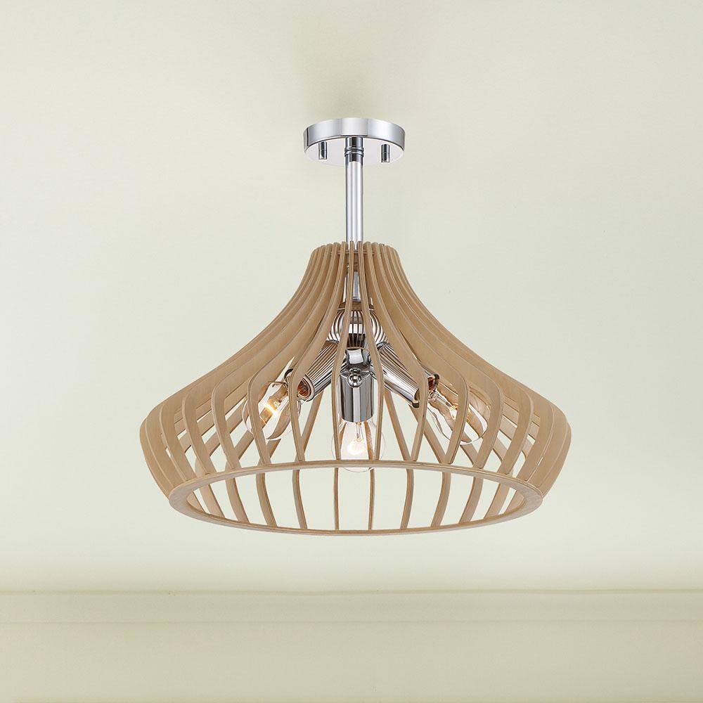 17.75 in. Sanaa 3-Light Kula Wood Ceiling Light Semi Flush Mount - Hercitys