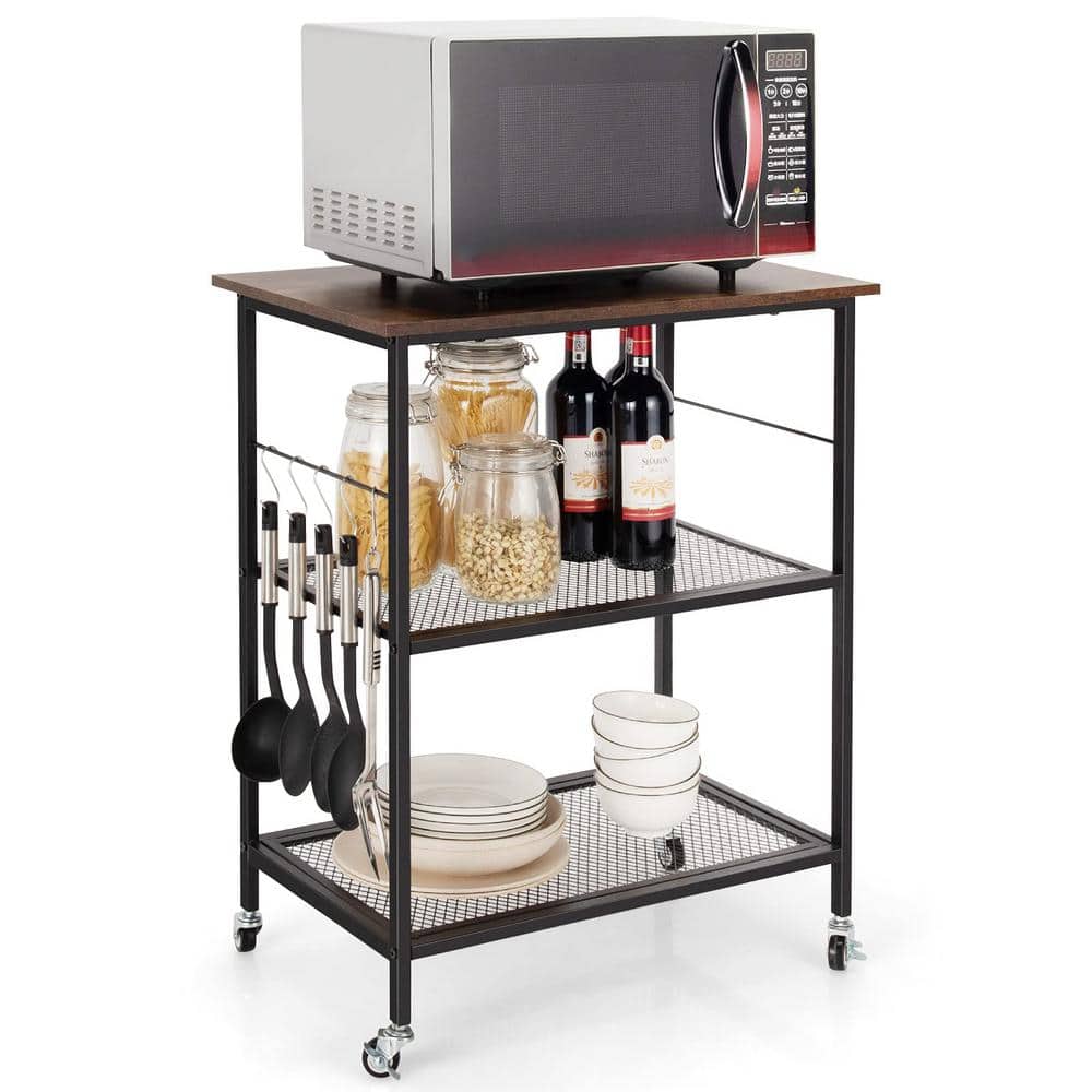 3-Tier Brown Kitchen Serving Cart Utility Standing Microwave Rack with Hooks - Hercitys