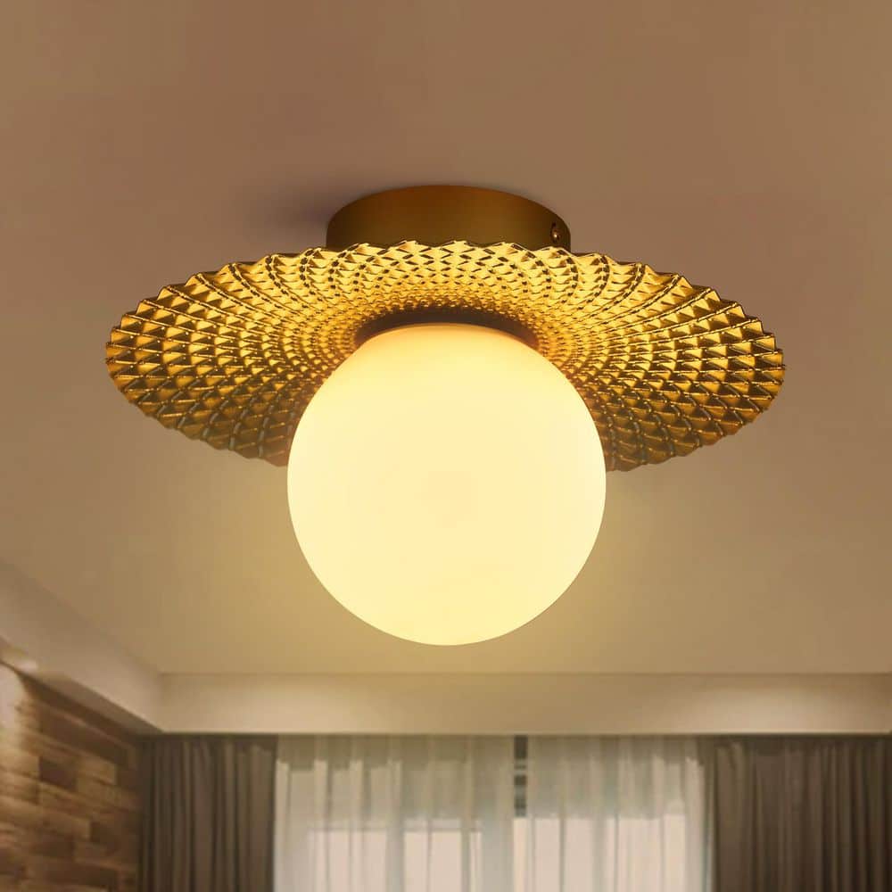 12.6 in. 1-Light Golden Diffuser Semi-Flush Mount Ceiling Light with Metal Pleated Shade and White Glass Shade - Hercitys