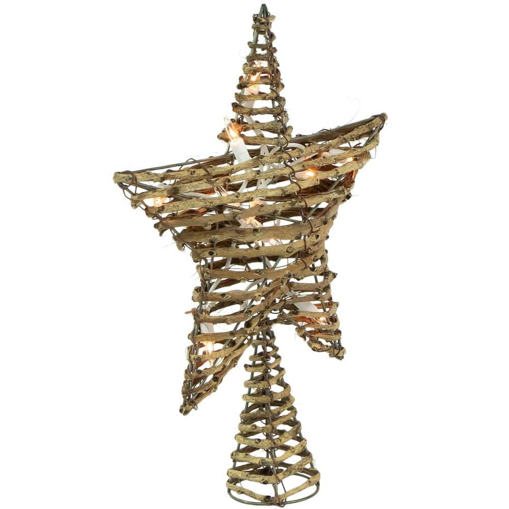 11.5 in. Natural Brown Rattan Star Christmas Tree Topper – Clear Lights - Hercitys