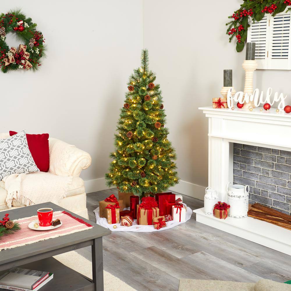 5 ft. Pre-Lit White Mountain Pine Artificial Christmas Tree with 200 Clear LED Lights and Pine Cones - Hercitys