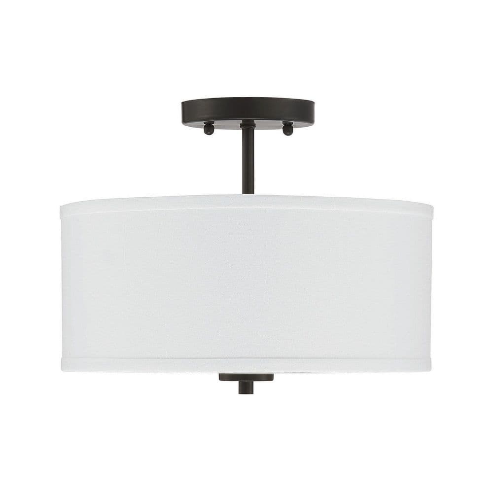 13 in. W x 10 in. H 2-Light Matte Black Semi-Flush Mount Ceiling Light with White Fabric Shade - Hercitys
