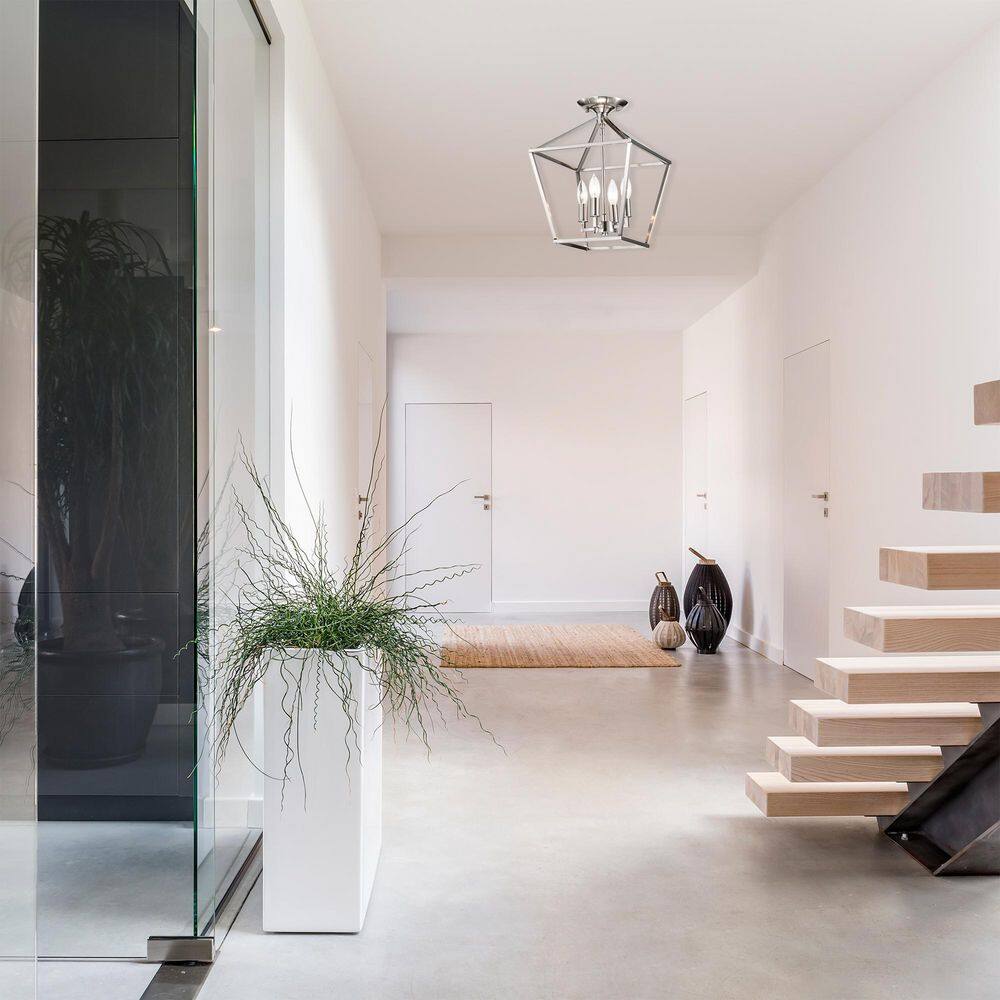 12 in. 4-Light Brushed Nickel Cage Lantern Farmhouse Semi-Flush Mount - Hercitys