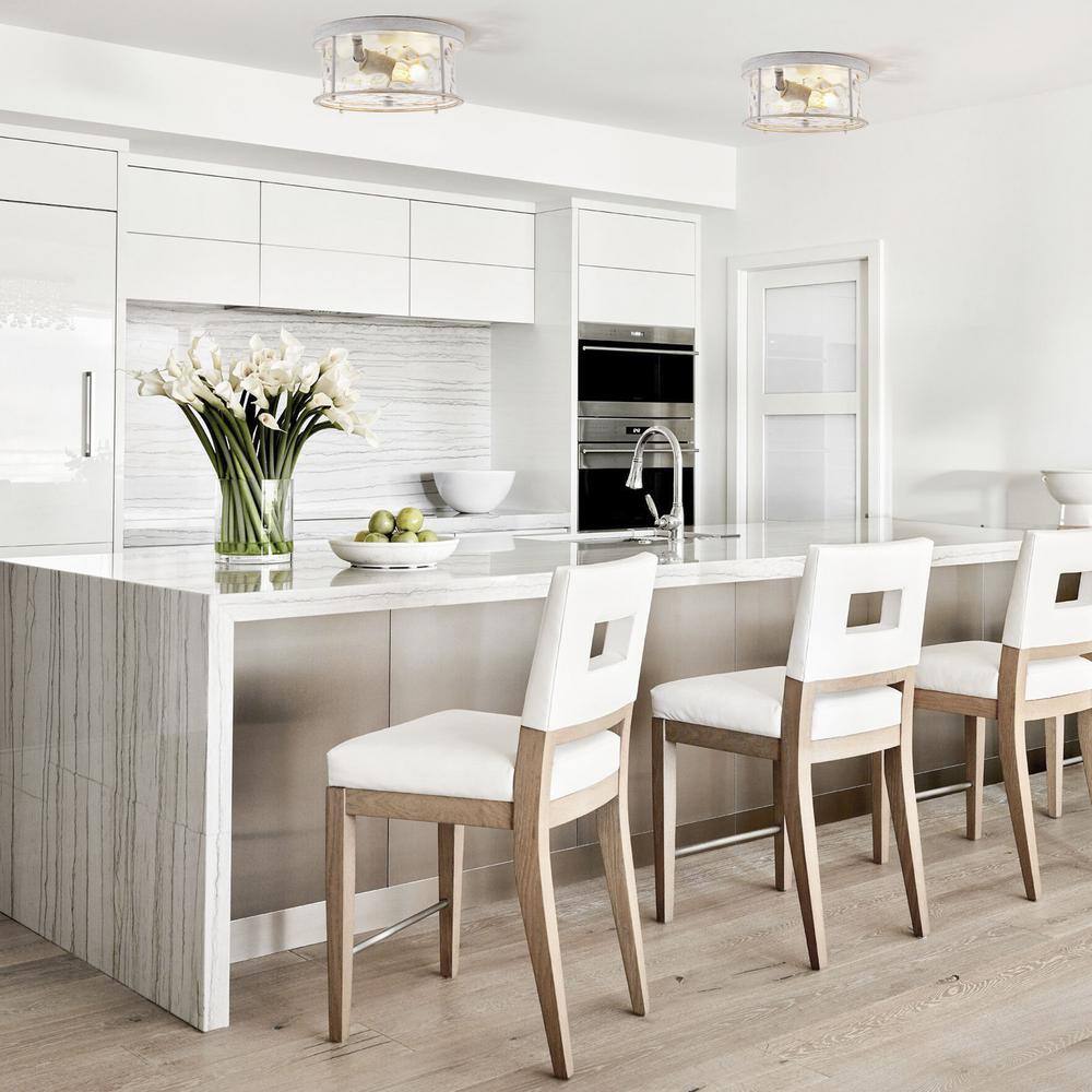 12.5 in. 2-Light White Gold Flush Mount Water Ripple Glass Ceiling Light with Metal Frame - Hercitys