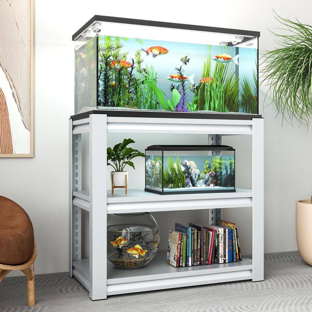 3-Tier Kitchen Pantry, Fish Tank Stand, Metal Aquarium Stand, Adjustable Heavy Duty Reptile Tank in White - Hercitys