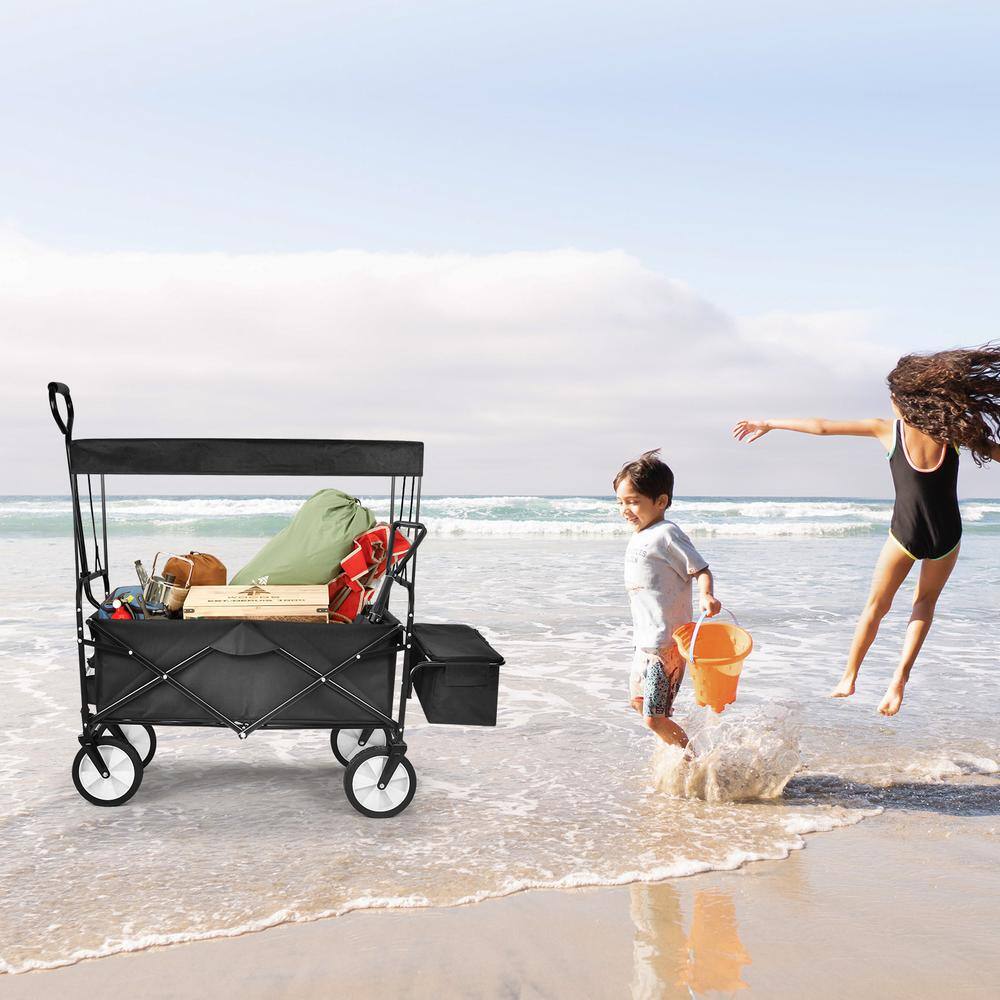 5 cu. ft. Black Steel Garden Cart with Removable Canopy, 8 in. Wheels, Adjustable Handles and Double Fabric - Hercitys