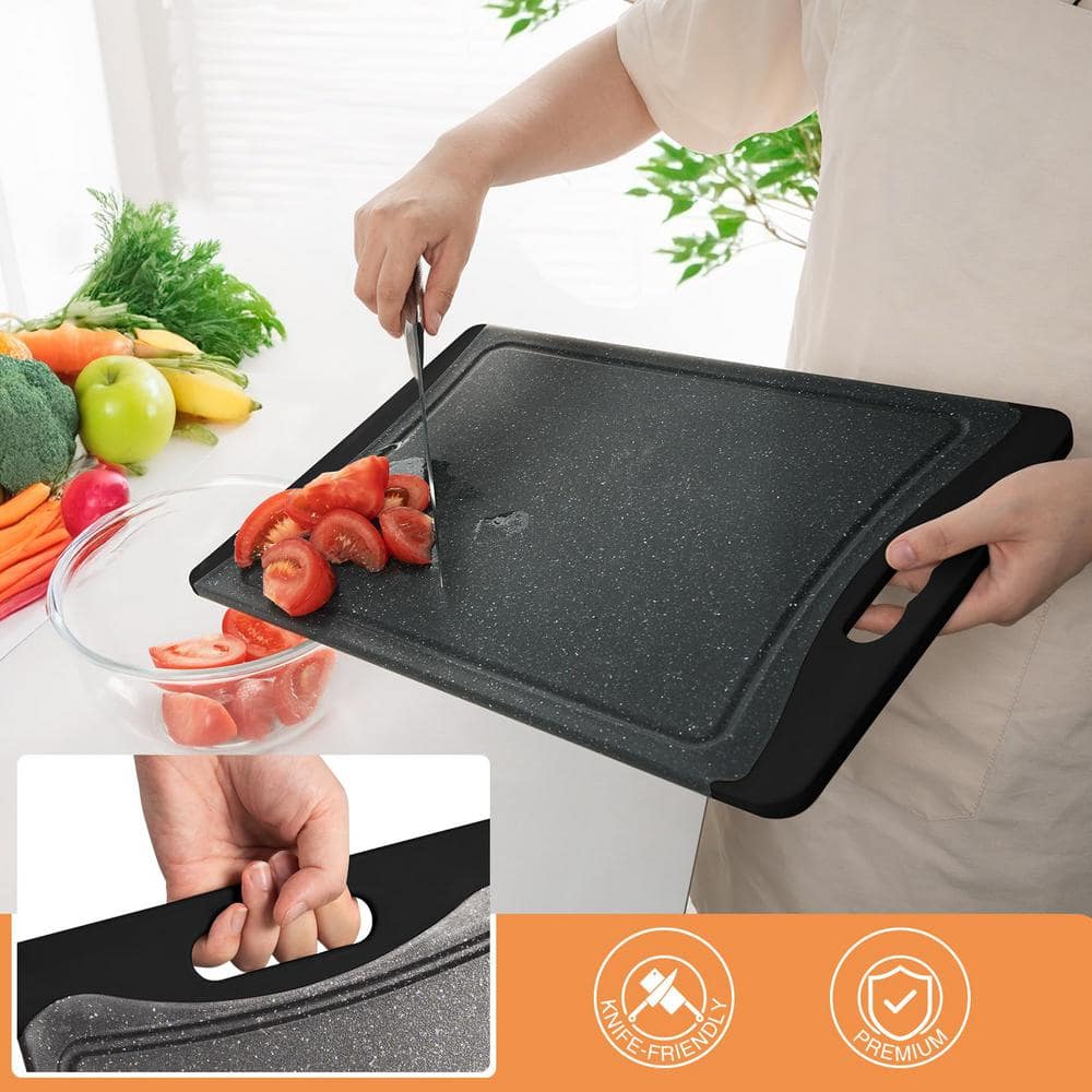 3-Piece Extra Large Plastic Cutting Board Set with Juice Grooves and Easy-Grip Handles, Dark Gray - Hercitys