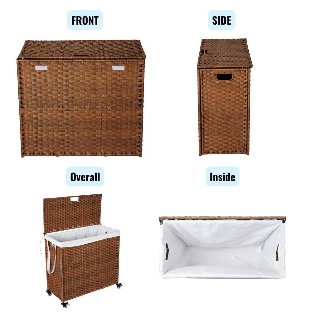 42.26 Gal. Brown Rattan Deck Box Laundry Hamper with Lid and 2 Removable Bags - Hercitys