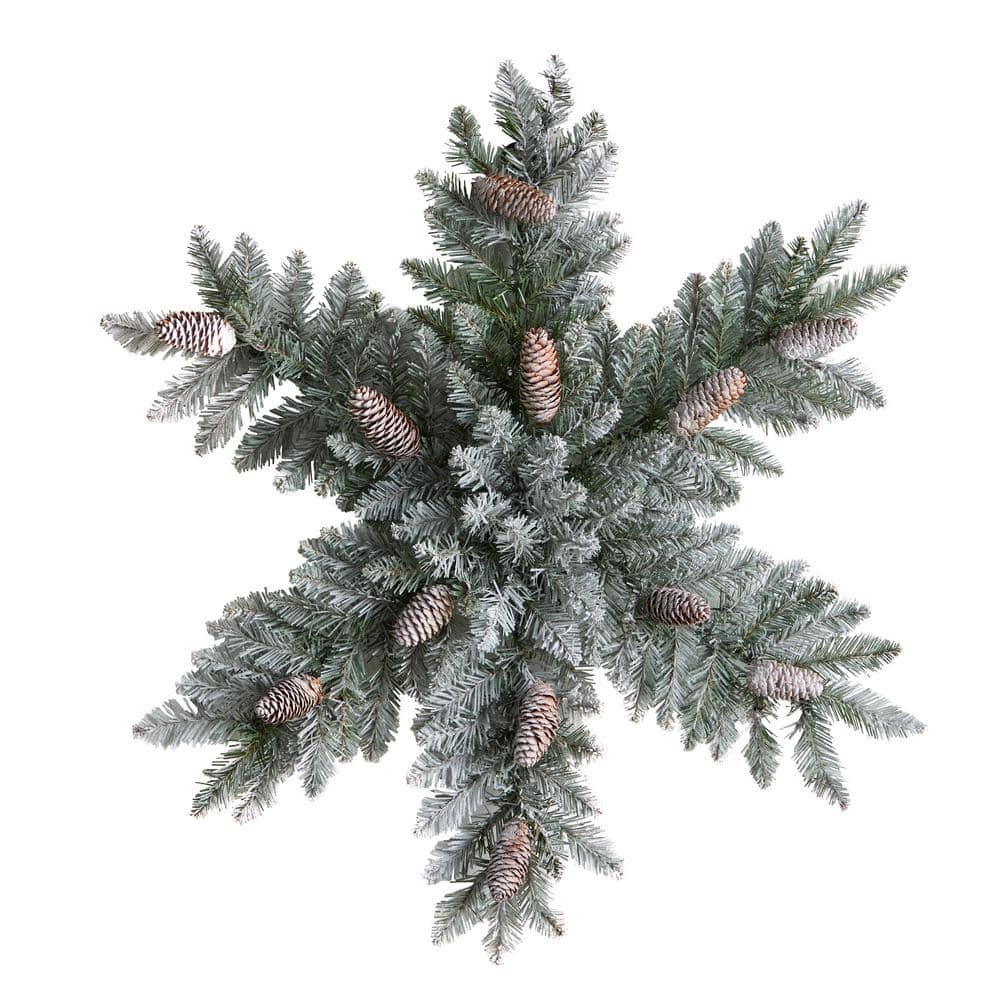 30in. Prelit LED Flocked Dunhill Fir Snowflake Artificial Christmas Wreath with Pinecones and 40 LED Lights - Hercitys