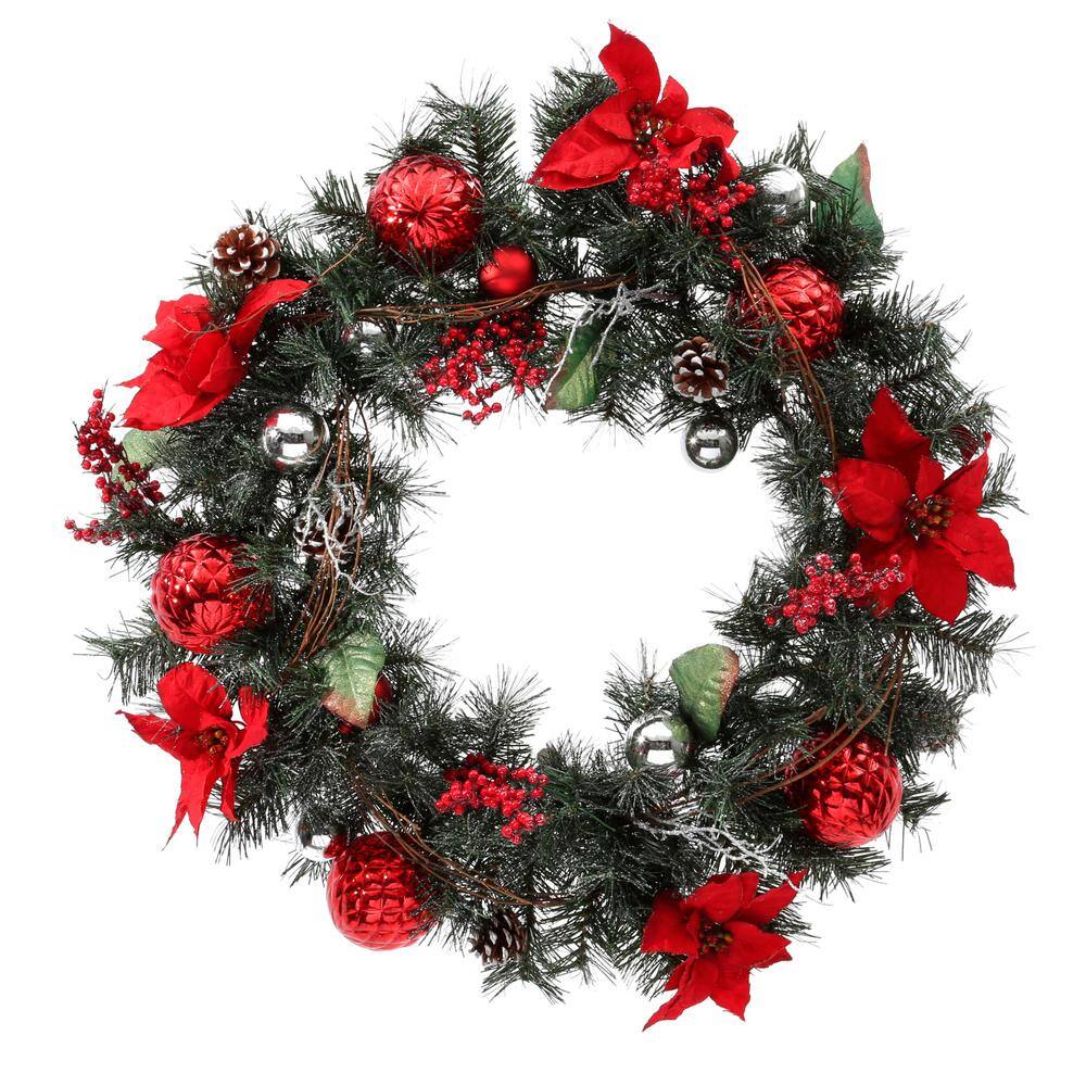 30 in. Red Poinsettia, Berries, Silver and Red Ball and Twig Pine Artificial Wreath - Hercitys