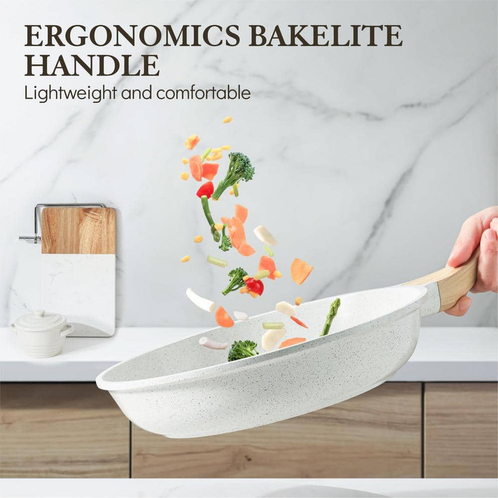 11 in. Cast Aluminum Nonstick Coating Frying Pan in White with Comfortable Grip Bakelite Handle in Wood Grain Design - Hercitys