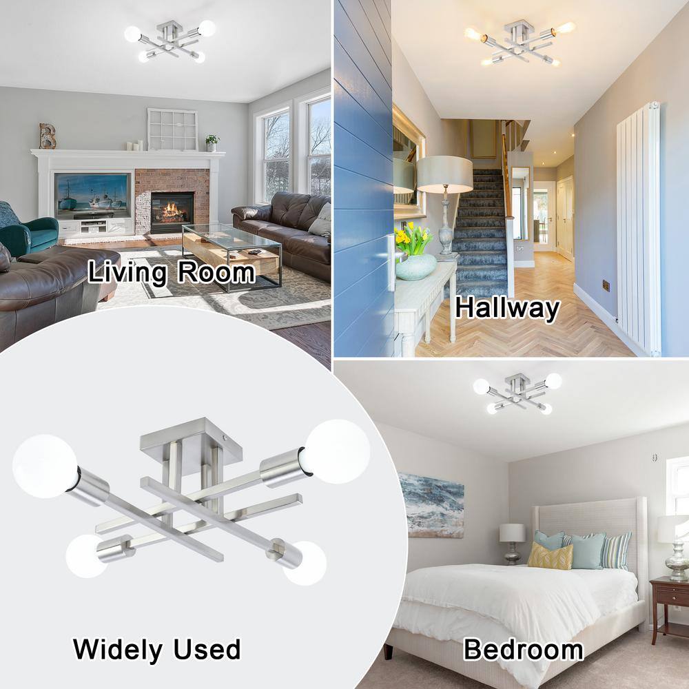 18.11 in. 4-Light Nickel Modern Sputnik Semi- Flush Mount Ceiling Lights with No Bulbs Included - Hercitys