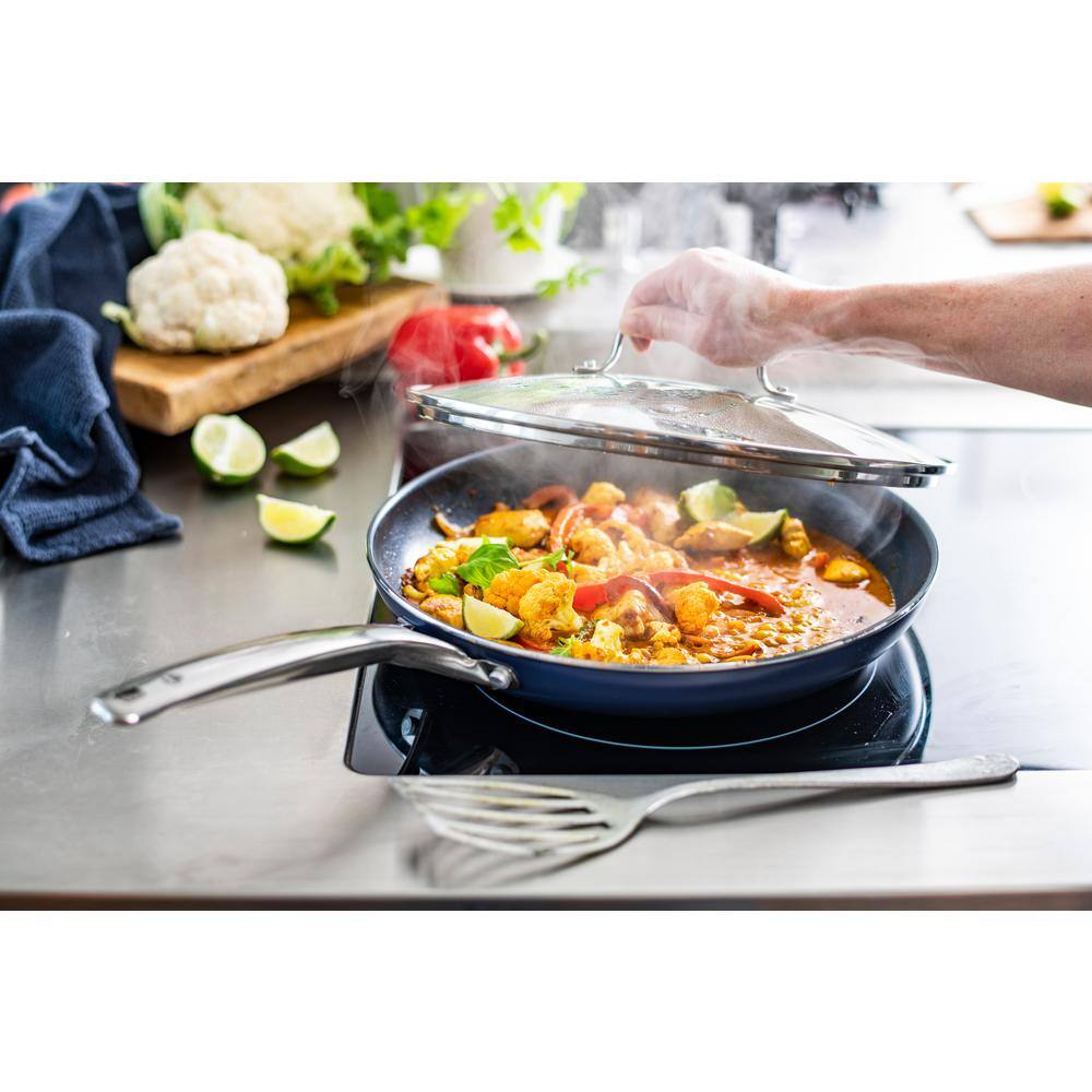 12 in. Aluminum Ceramic Nonstick Frying Pan in Blue with Glass Lid - Hercitys