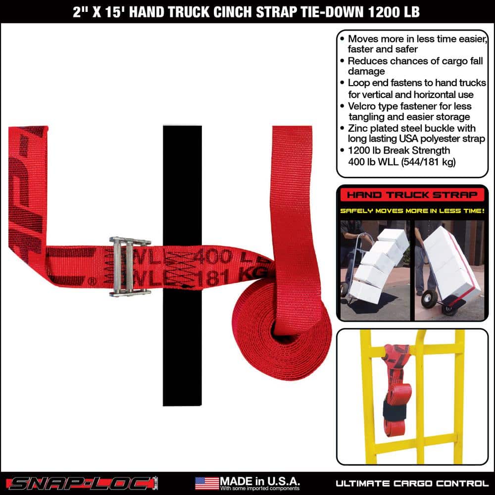 15 ft. x 2 in. Hand Truck Strap with Hook and Loop Storage Fastener in Red - Hercitys