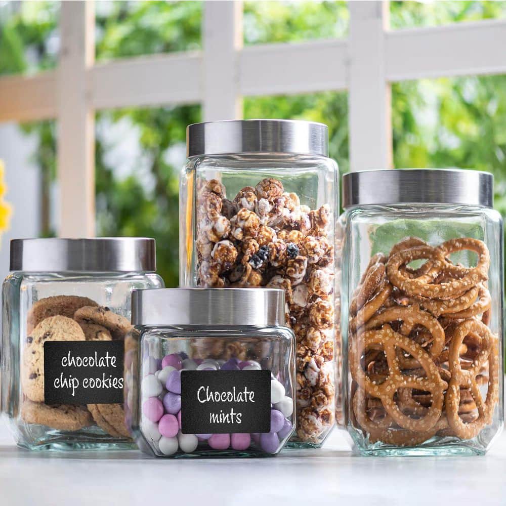 4 Pieces Square Glass Cookie Jars with Airtight Lids + Marker AND Labels for Kitchen Counter or Bathroom, Clear - Hercitys