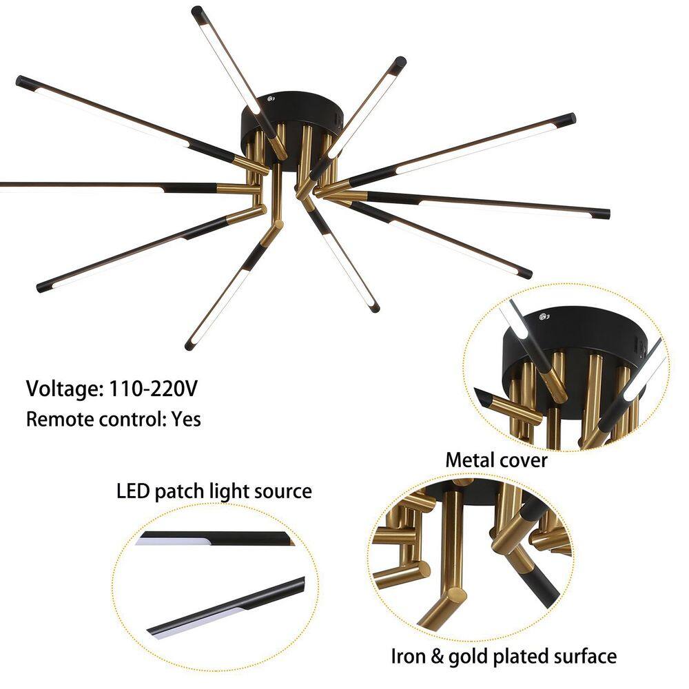 33.46 in. 10-Light Black and Gold Modern Linear Dimmable Selectable LED Semi-Flush Mount Ceiling Light with Remote - Hercitys