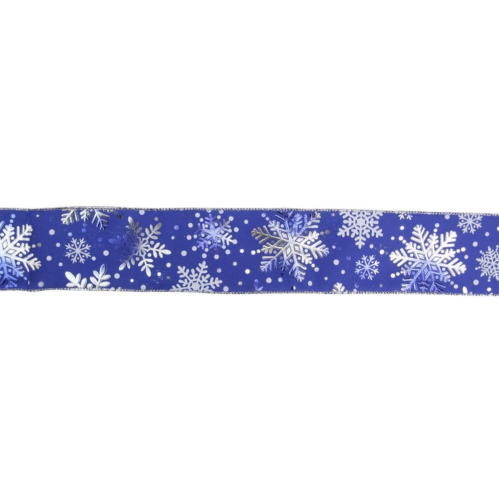 2.5 in. x 16 yds. Metallic Blue and Silver Snowflake Wired Craft Ribbon - Hercitys