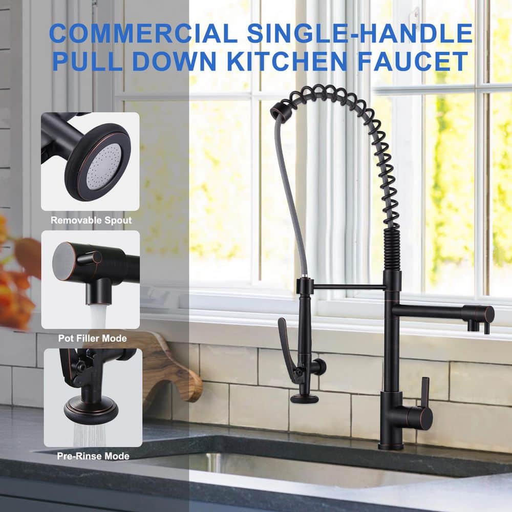 28.7 in. Single Handle Brass Pre-Rinse Spring Pull Down Sprayer Kitchen Faucet with 360° Swivel Pot Filler in Bronze - Hercitys