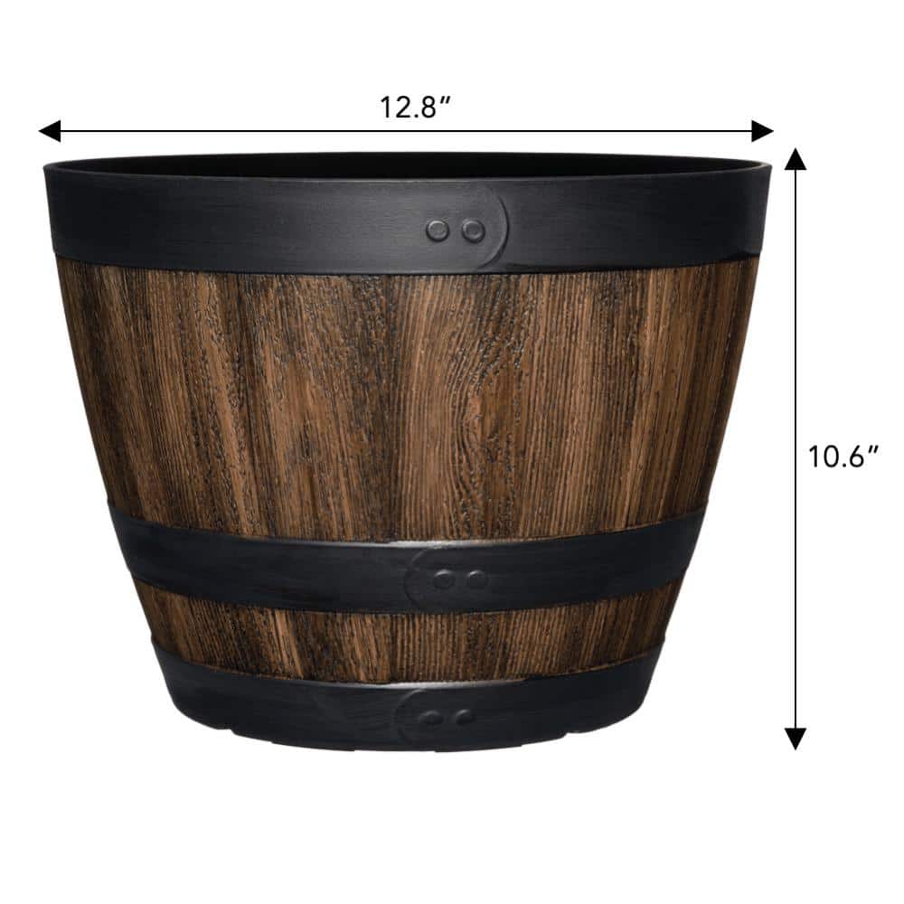 12.8 in. Reedley Medium Kentucky Walnut Brown Resin Barrel Planter (12.8 in. D x 10.5 in. H) - Hercitys