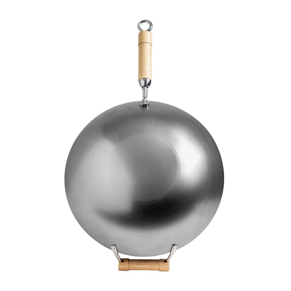 14 in. Silver Carbon Steel Non-Stick Round Bottom Wok - Hercitys