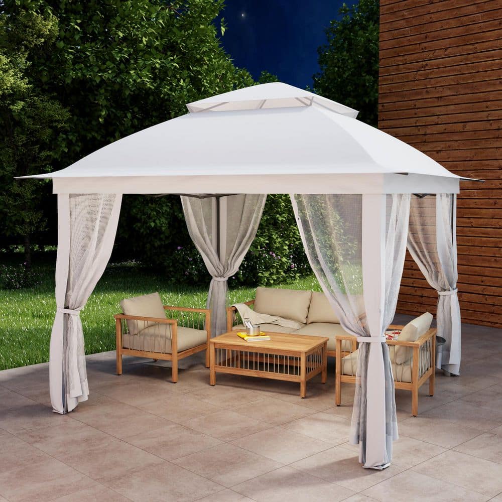 11 ft. x 11 ft. Pop-Up Steel Gazebo with Vented Double Roof, Mosquito Netting, and Carry Bag - Hercitys