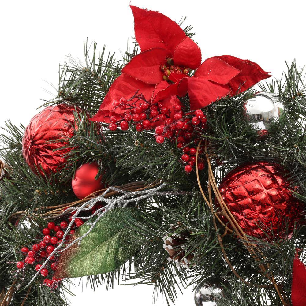 30 in. Red Poinsettia, Berries, Silver and Red Ball and Twig Pine Artificial Wreath - Hercitys