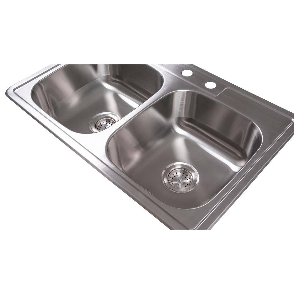 33 in. Overmount 50/50 Double Bowl 18 Gauge Satin Stainless Steel Kitchen Sink with Strainer - Hercitys