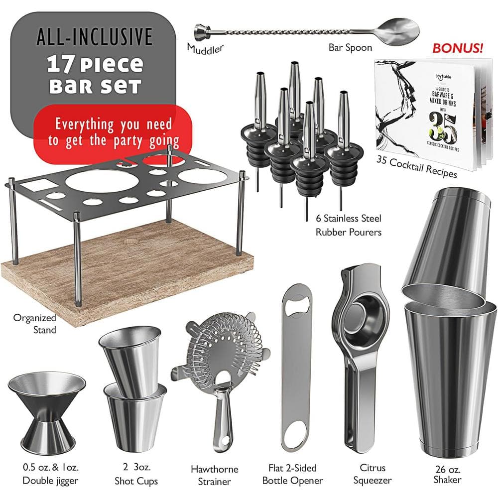 17-Piece Stainless Steel Bartender Kit-Bar Cocktail Shaker Set, 30 oz. Book, Muddler, Jigger and Pourers with Wood Stand - Hercitys