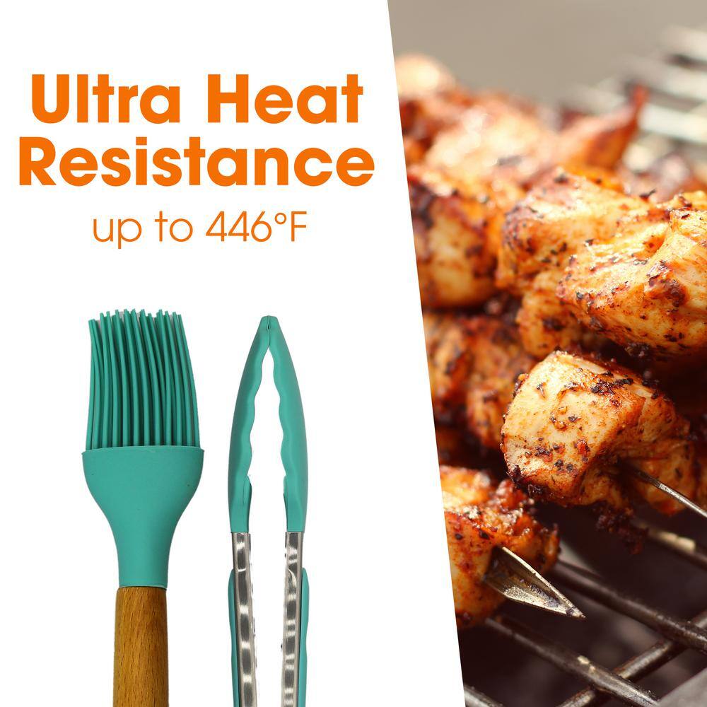 12-Piece Aqua Silicone Utensil Spatula Set with Wooden Handles - Hercitys